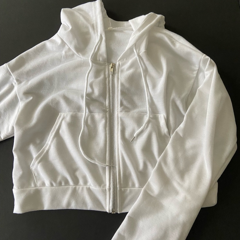 white cropped zip up jacket